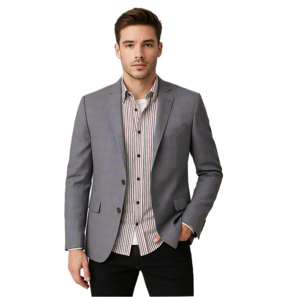 TALLIA, Men's Gray and Blue 100% Wool Blazer, Size 44L